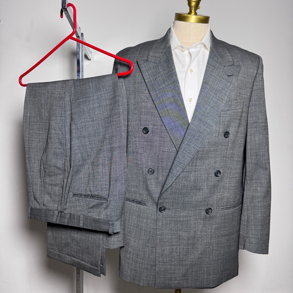 Enrico Corsini Suit Mens 42L 32x31 Grey Microcheckβ Double Breasted Wool Vintage